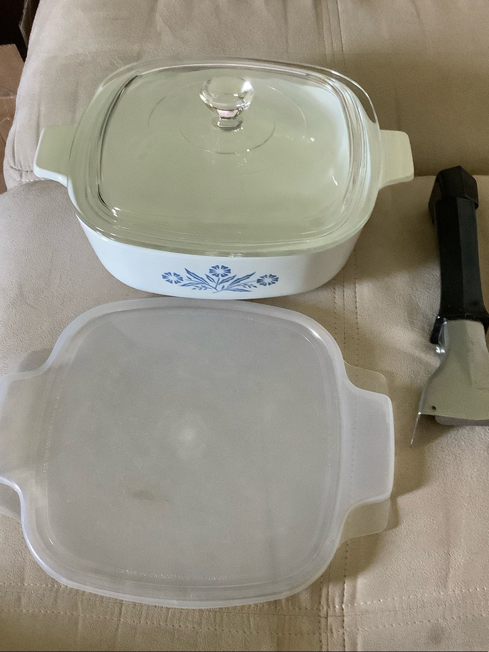 Corningware White Ceramic Casserole with Blue Cornflower Motif and Glass Lid